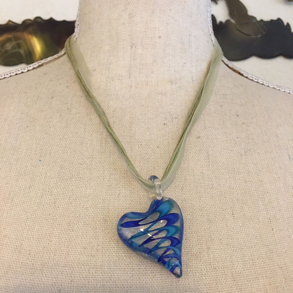 Art glass heart pendant on ribbon cord necklace